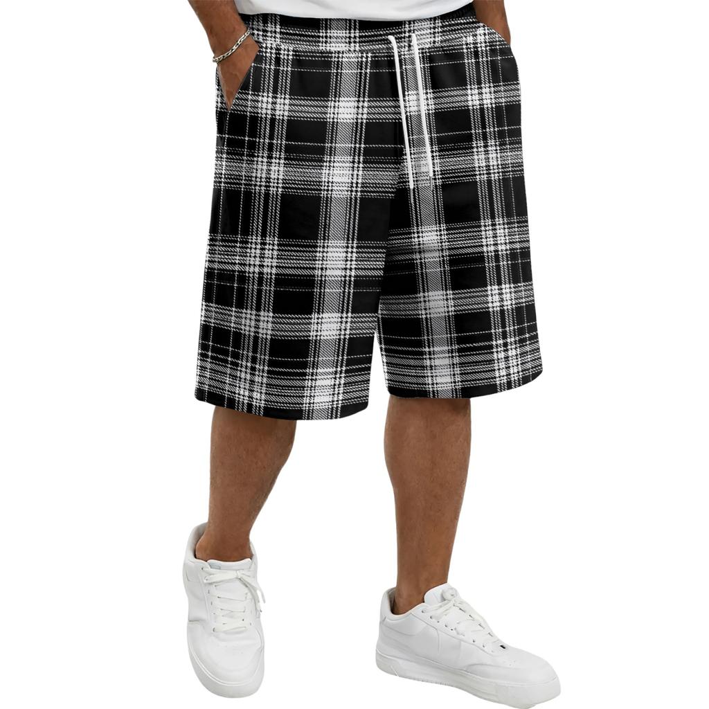 Mens Plaid Drawstring Waist Casual Shorts Relaxed Fit Knee Length Soft Fabric Lightweight Plaid Shorts for Daily Wear