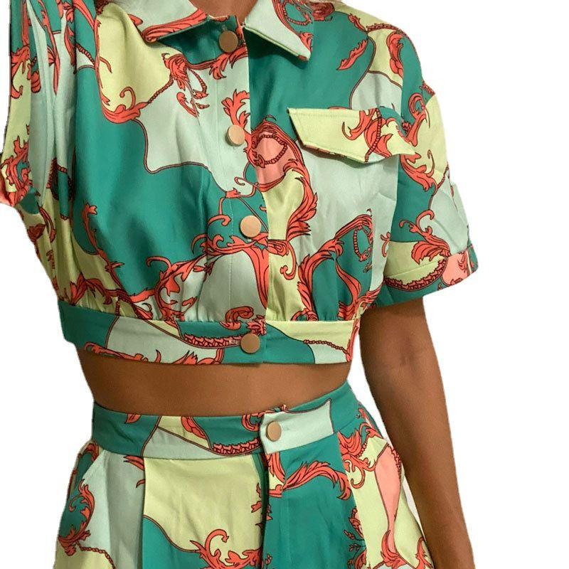 Beautiful Versatile Elegant Design Fashion Print Shirt Shorts Bohemia Style Sexy Two-Piece Suit