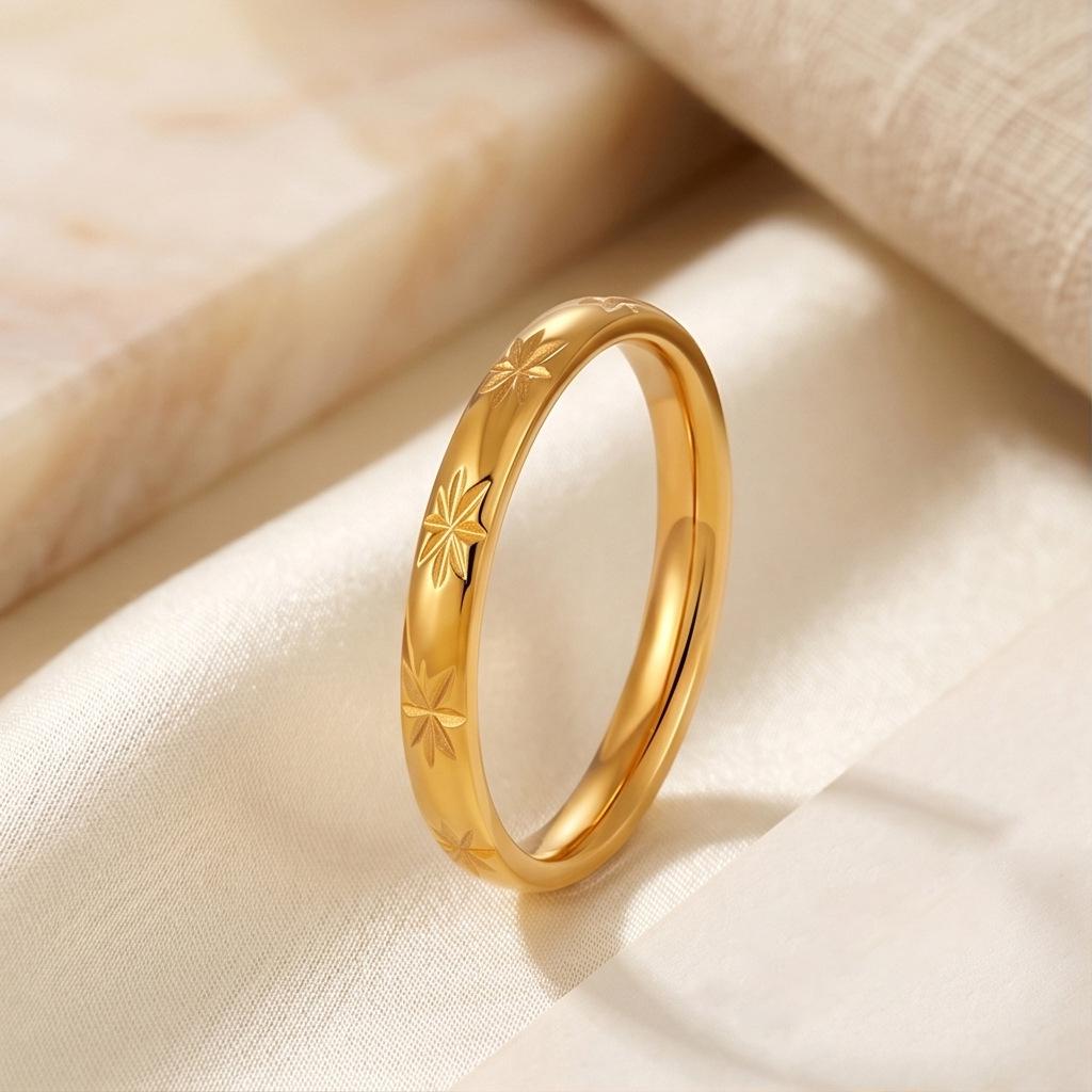 2026 Elegant Gold-Plated Titanium Star Flower Index Ring for Women Size 8