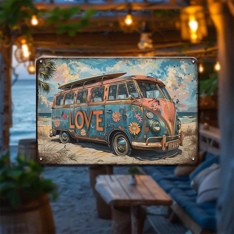 

Beach Life Bus Campervan Metal Sign - Hippie Floral Design, Rustic Blue & Orange Van with LOVE Heart, for Home & Office Wal 20x30cm（7.8x11.8inch）