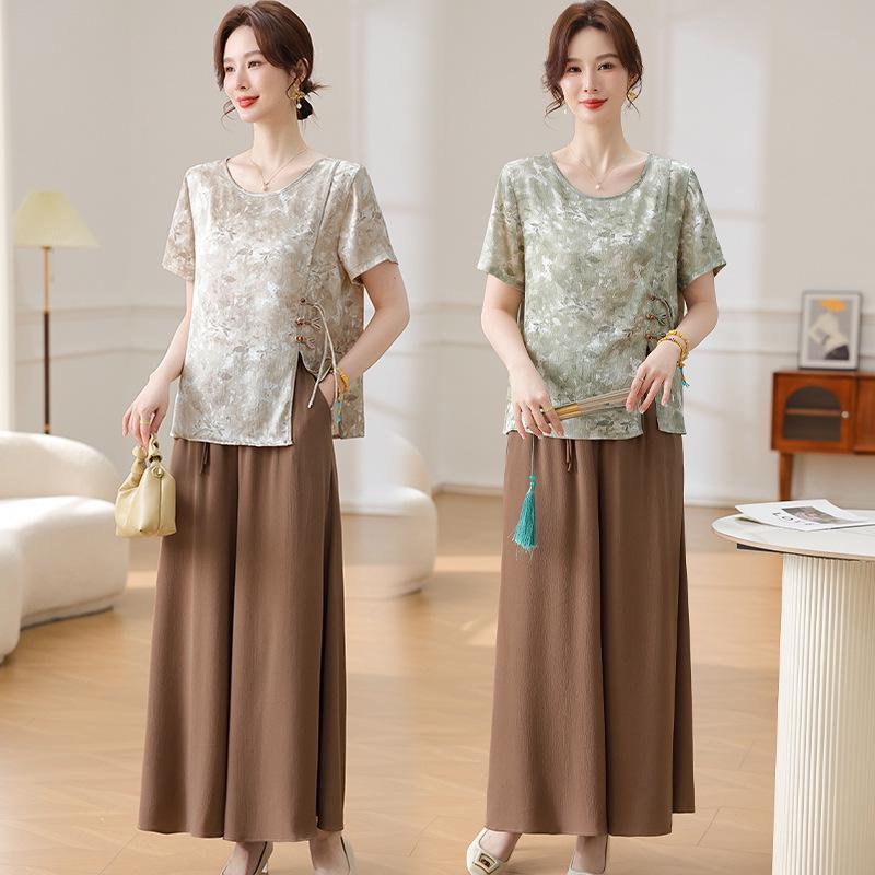 Women's Chinese Style Summer Two-Piece Set: Short Sleeve Top & Wide-Leg Pants