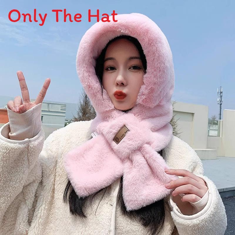 Plush Hooded Scarf For Women With Windproof Neck Cover And Soft Polyester Material