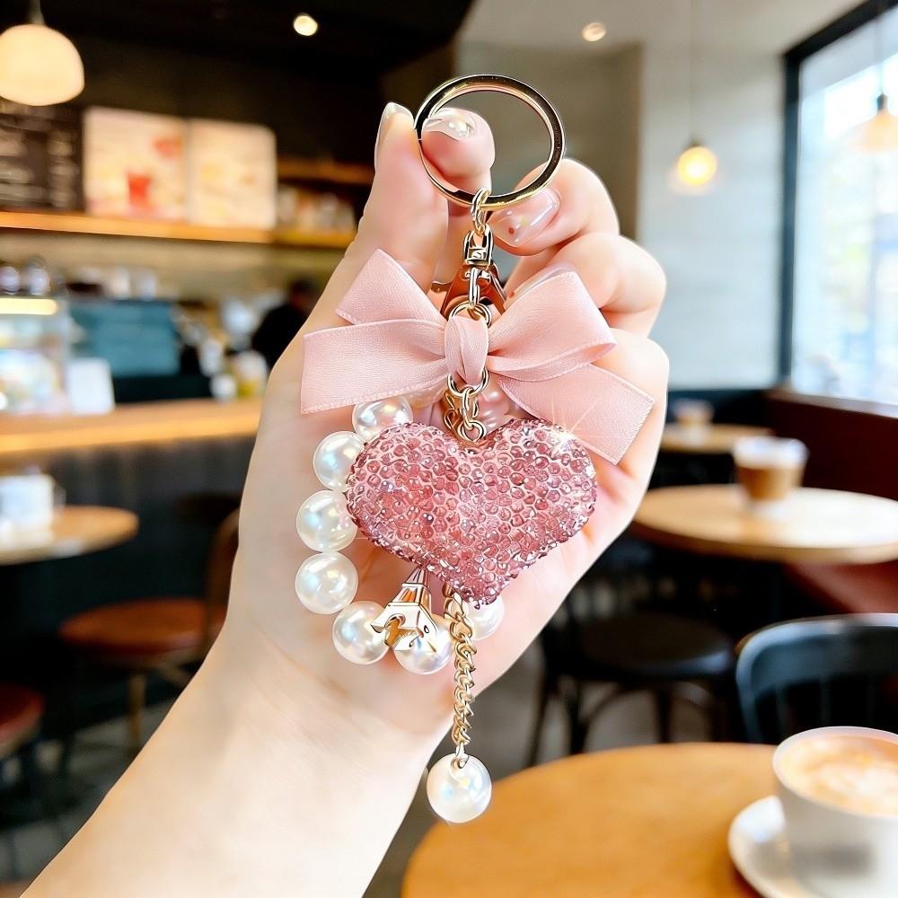 Crystal Rhinestone Heart Keychain Bow & Pearl Tassel Phone Lanyard Car Key Ring  Handbag Accessory