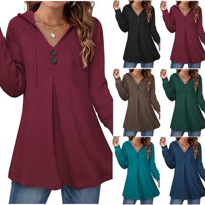 Damen-Kapuzenpullover in Übergröße, Frühling, lässig, mit Knopfleiste, V-Ausschnitt, langärmelig