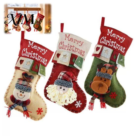 Festive Holiday Gift Holders 18 Inch Large Christmas Stockings, 3D Santa/Snowman/Reindeer Xmas Hanging Socks, Non-woven Decorative Stocking