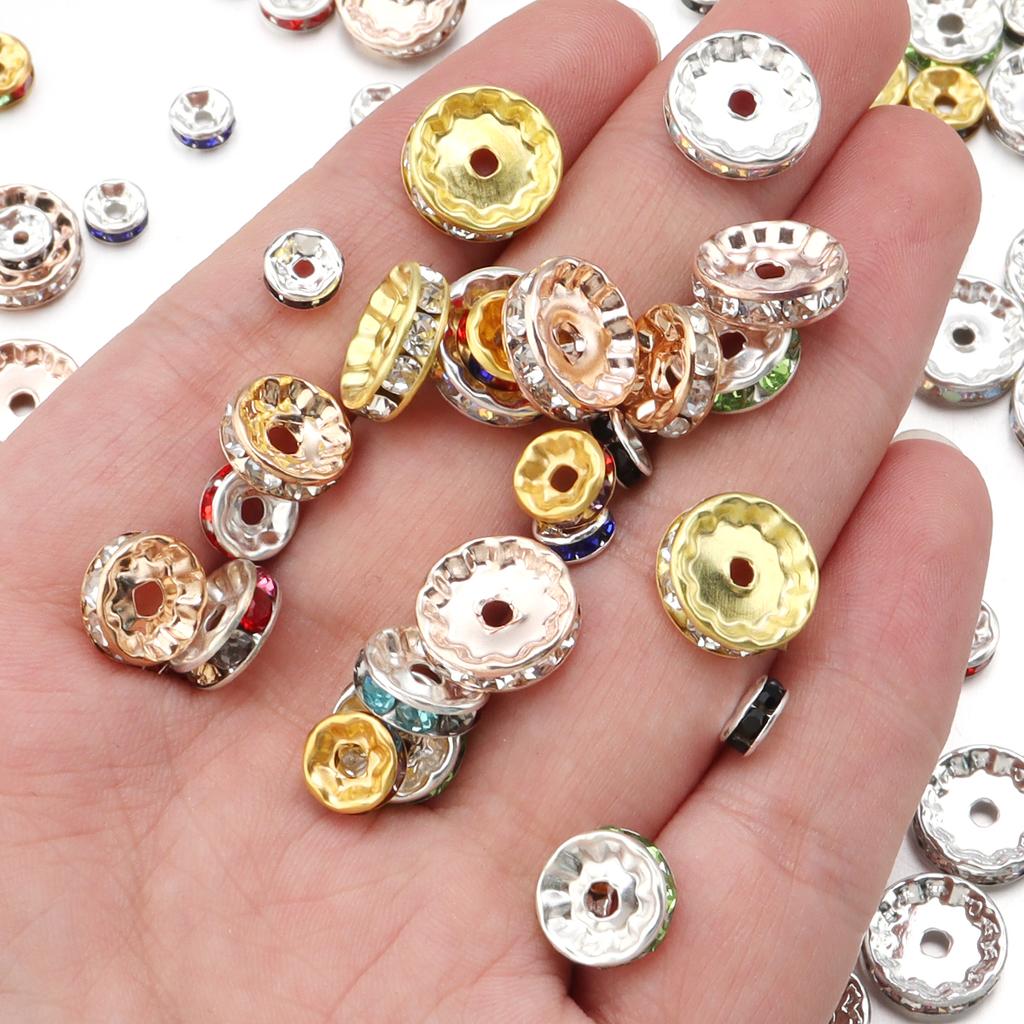 50pcs/lot Colorful Metal Round Rhinestone Rondelle Crystal Beads Loose Spacer Beads For Jewelry Making DIY Bracelet Necklace