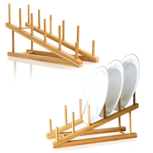 

TIE-DailyNec Wooden Dish Rack, Bamboo Drainer Stand, Pot Lid Holder, Kitchen Cabinet Organizer for Dishes, Plates, Bowls, Cups, Pot Lids, and Cutting