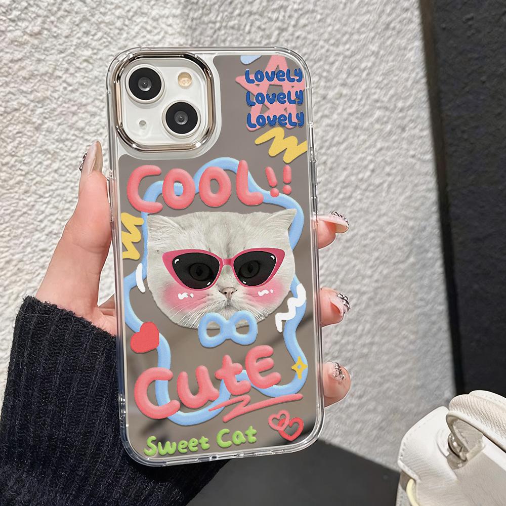 Cute Kitten Pattern With Mirror Phone Case For IPhone 17 Pro Max 16 13 11 15 14 12 Air 16 17 15 Fashion Protective Funda Cover