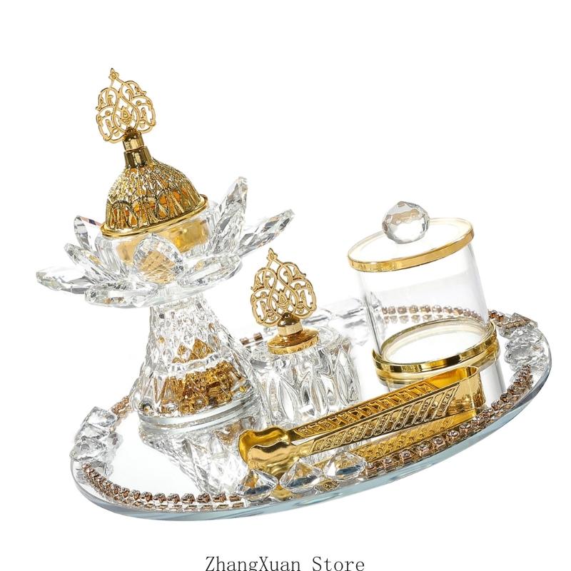 3XUF Arabic Glass Incenses Burners Kits With Mirrored Tray And Tongs Storage Jar Set For Spiritual Practices Ramadans Decors