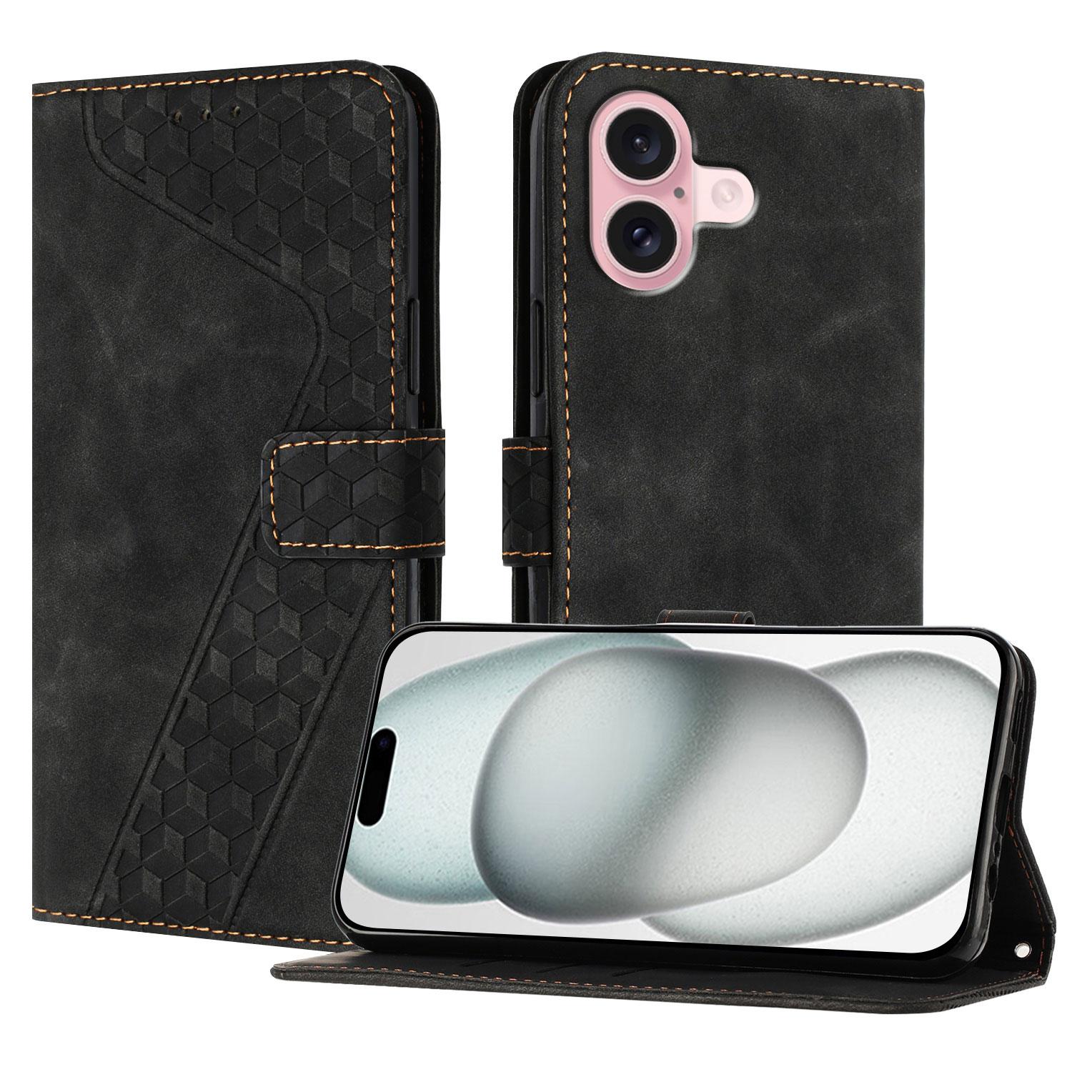 

For iPhone 16 Leather Case 7-Shaped Pattern Wallet Stand Shockproof Phone Cover Black