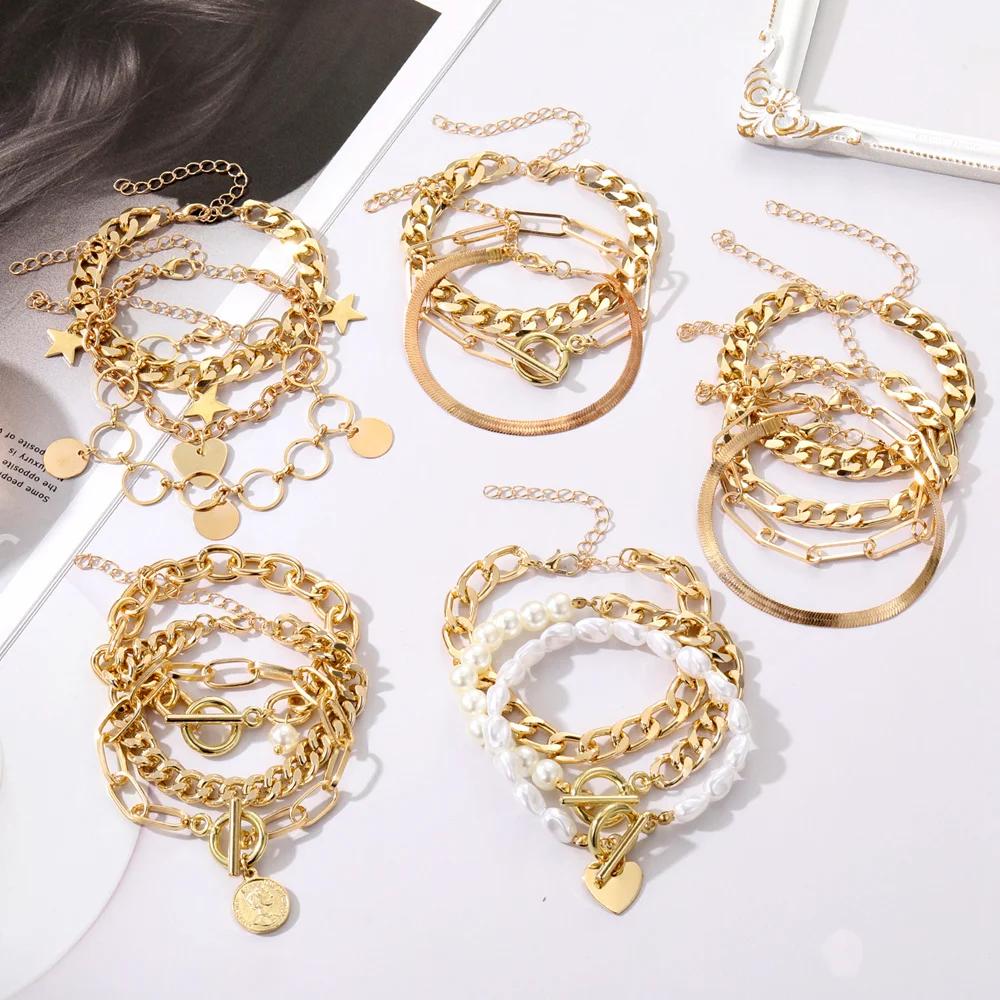3PCS Fashion Thick Chain Link Bracelets for Women Vintage Snake Chain Gold Color Silver Color Bangles Bracelets Set Punk Jewelry