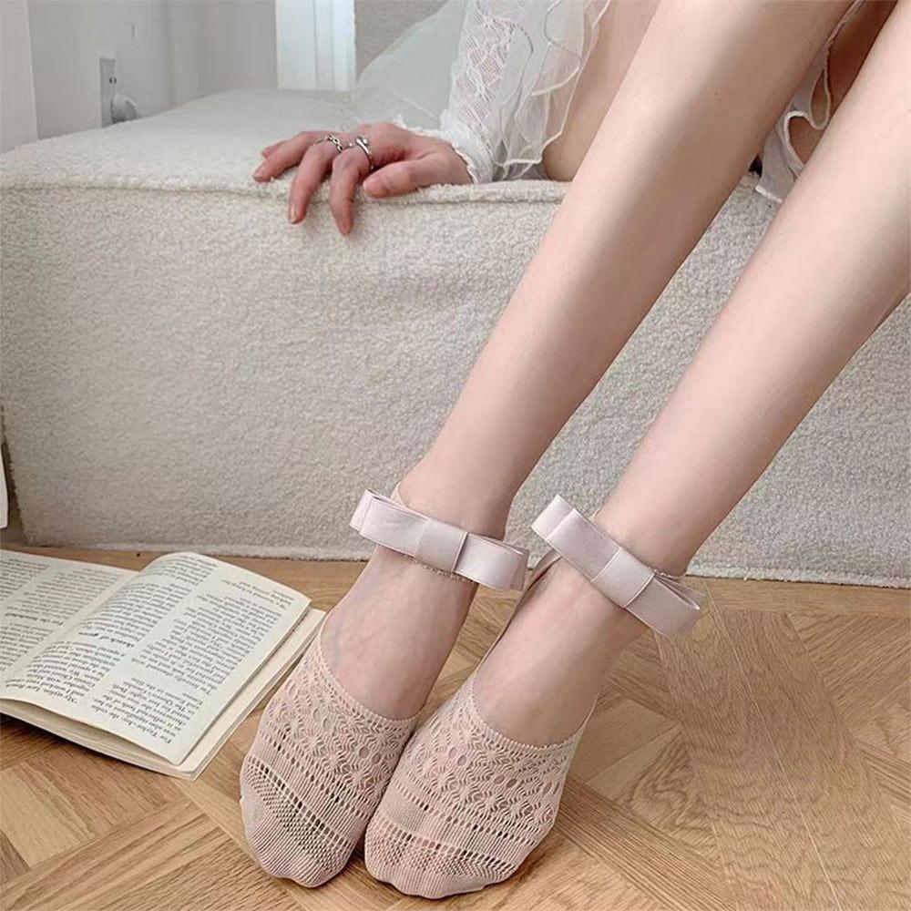 Hollow Short Socks Solid Color Cotton Socks New Bowknot Socks  Spring Summer