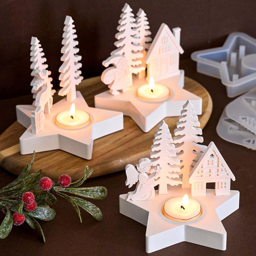Christmas Tree Angel Elk Santa Claus Candlestick Mold DIY Star Design Candle Holder Casting Molds Plaster Resin Crafts Making