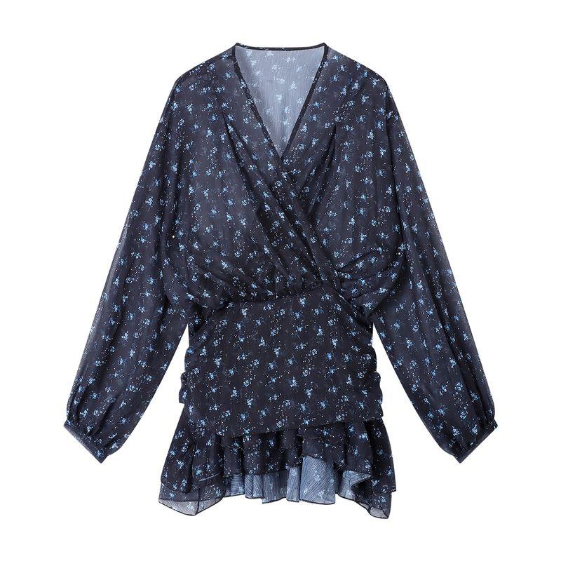 

Kumikumi Retro V-neck Floral Long Sleeves Sunscreen Shirt Women s Autumn Chic Youthful-Looking Loose Slim Looking Tops Navy blue floral L