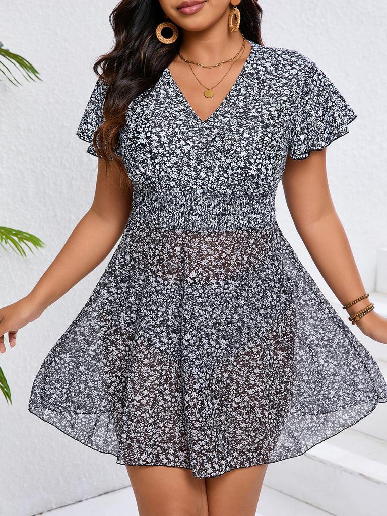 2026 Plus Size Floral Split Skirt Bikini: European and American Slimming Tummy-Covering Design for Women