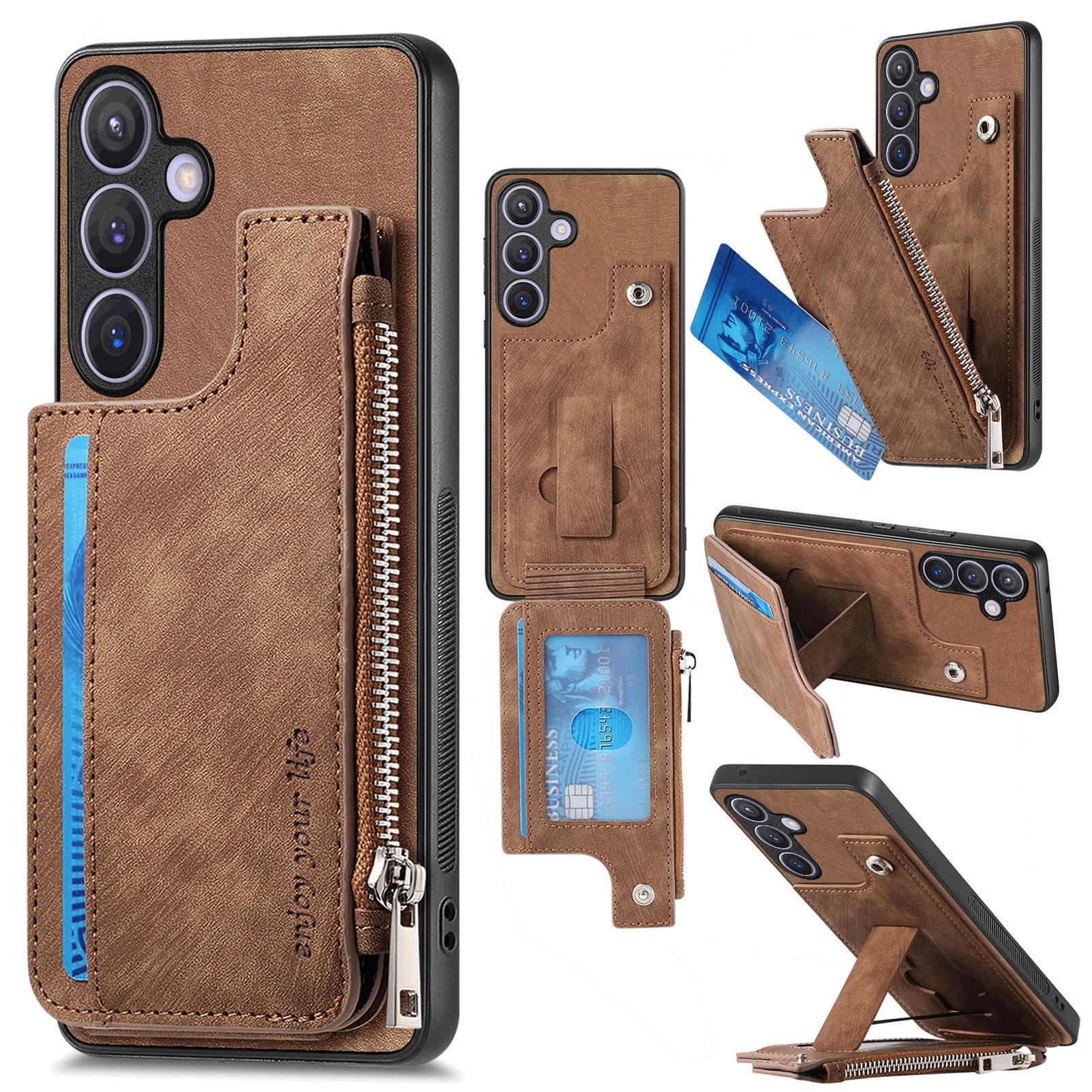 

For Samsung Galaxy S24 Case Zipper Card Holder Kickstand Leather + PC + TPU Phone Cover C