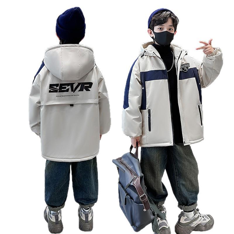 Jungen 2025 Winter Fleecegefütterte Baumwolljacke - Verdickter Parka für mittlere und große Kinder, trendige Workwear-Jacke