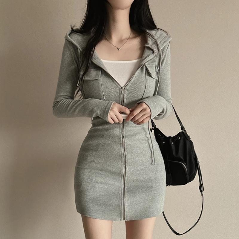 South Korea Chic Autumn French Pure Desire Sle Zip-up Double Pocket Slim Fit Slimming Long Sleeve Hoodie Dress Women