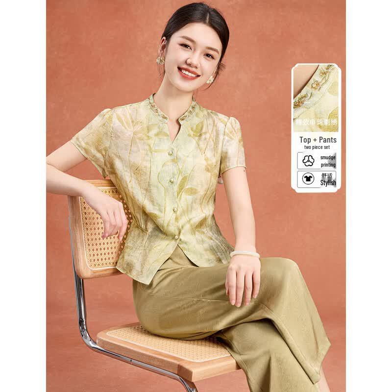Meilannie Women s Chinese Style Beaded Bamboo Print Two-Piece Set L