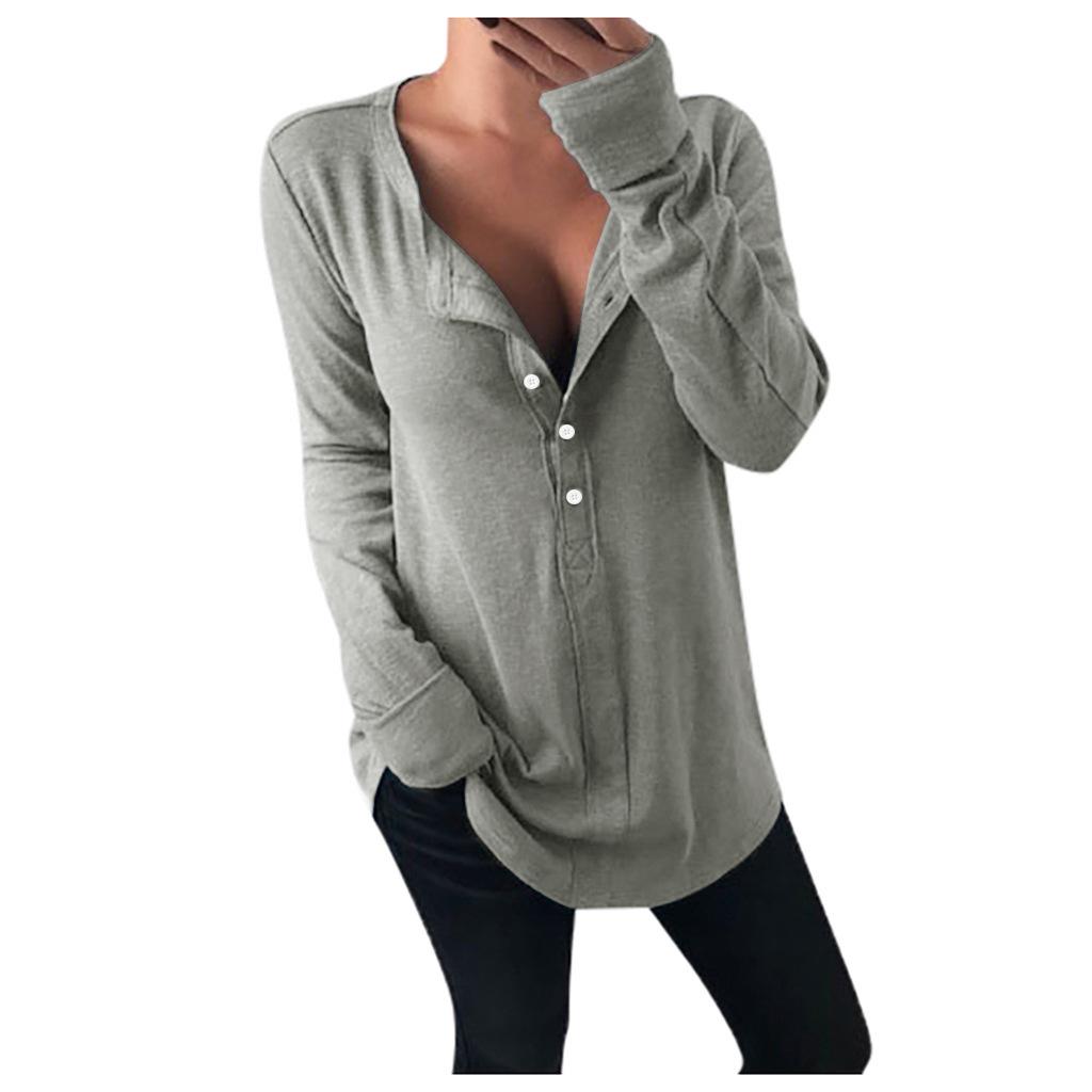 1116 European and American Women's Clothing Ebay Autumn and Winter New Fashion Long-sleeved T-shirt V-neck Solid Color Button-up Top