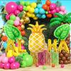 Hawaii-Party-Ballonset in Farben von Palmenblatt, Ananas und Buchstaben. Für Sommerversammlungen, Geburtstagszimmerdekoration