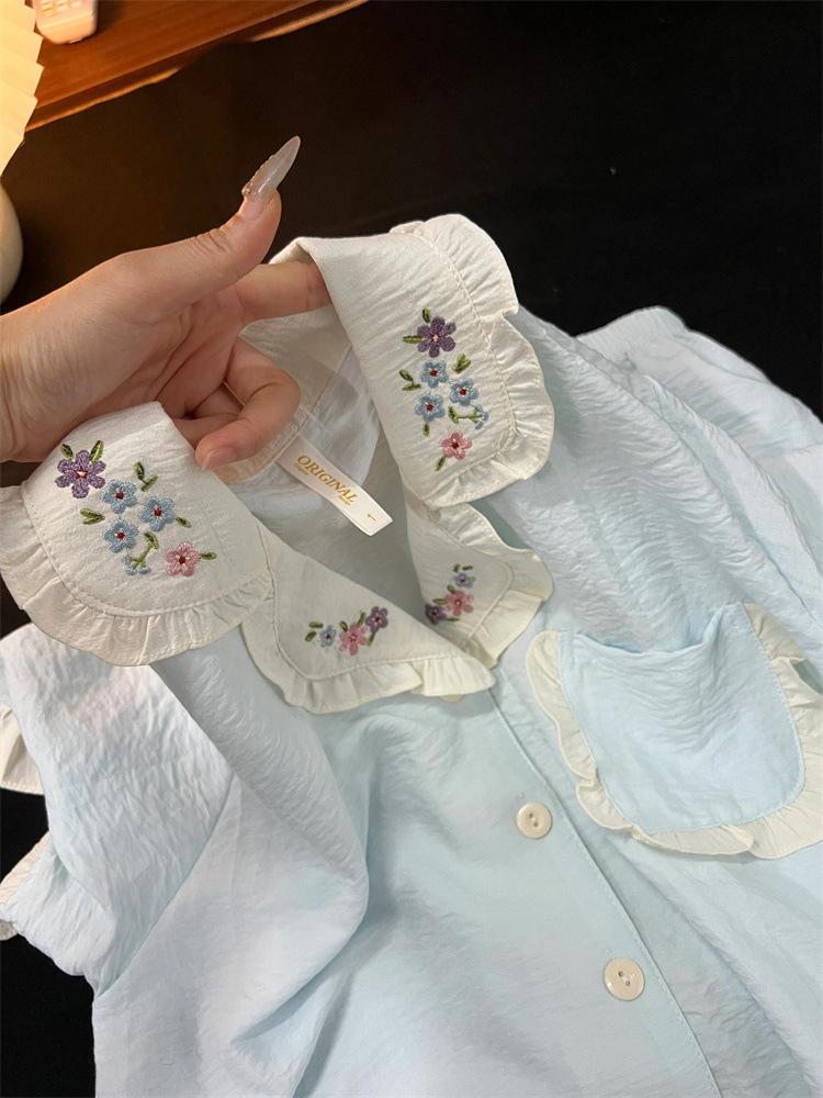 

Summer can wear simple style solid color pajamas women s lace short-sleeved shorts set women s casual soft cute loungewear S