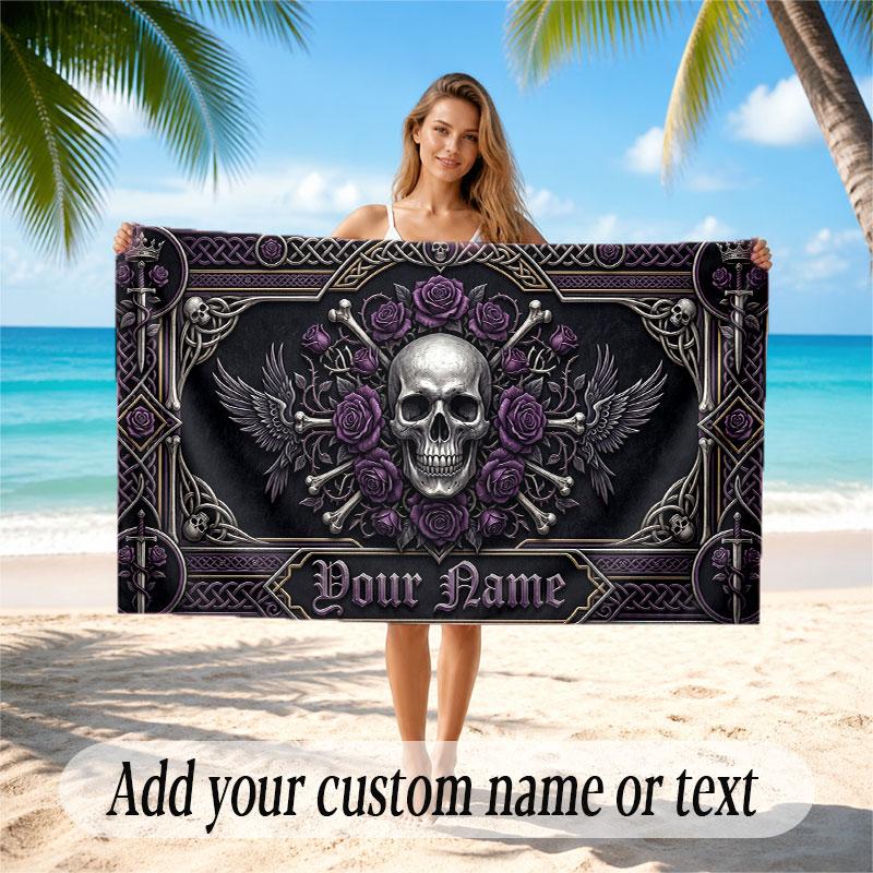 Skull Gothic Theme Beach Towel Personalized Custom Name & Text Soft Quick Dry Beach Towel for Swimming Travel