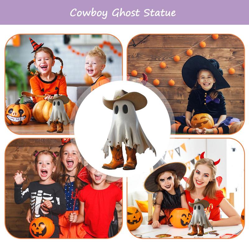 Charming Cowboy Ghost Statue Halloween Cute Ghost Statue With Hat And Boots Halloween Decor For Home Office Car Accessories