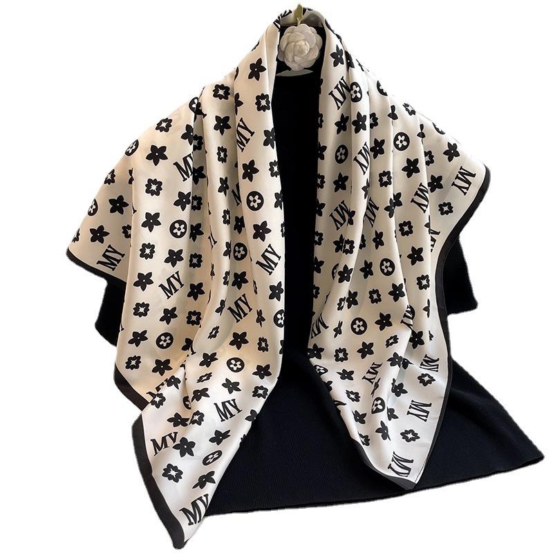 Letter MY Temperament Scarf Women's Simple Light Luxury Silk Scarf Large Version Square Scarf 91cm Sun Protection Shawl Travel Decoration New