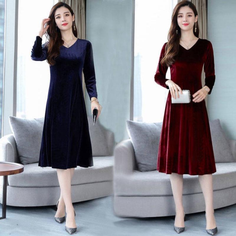 Elegantes Samt-Langarmkleid für Damen - Taillenbetonender Midirock für jede Jahreszeit