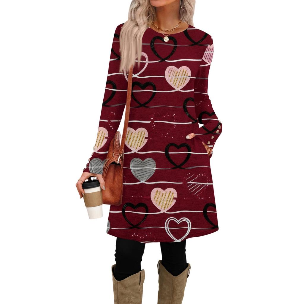 Women's Fashion Casual Pocket Decorative Button Dress Round Neck Long Sleeve Printed Dress