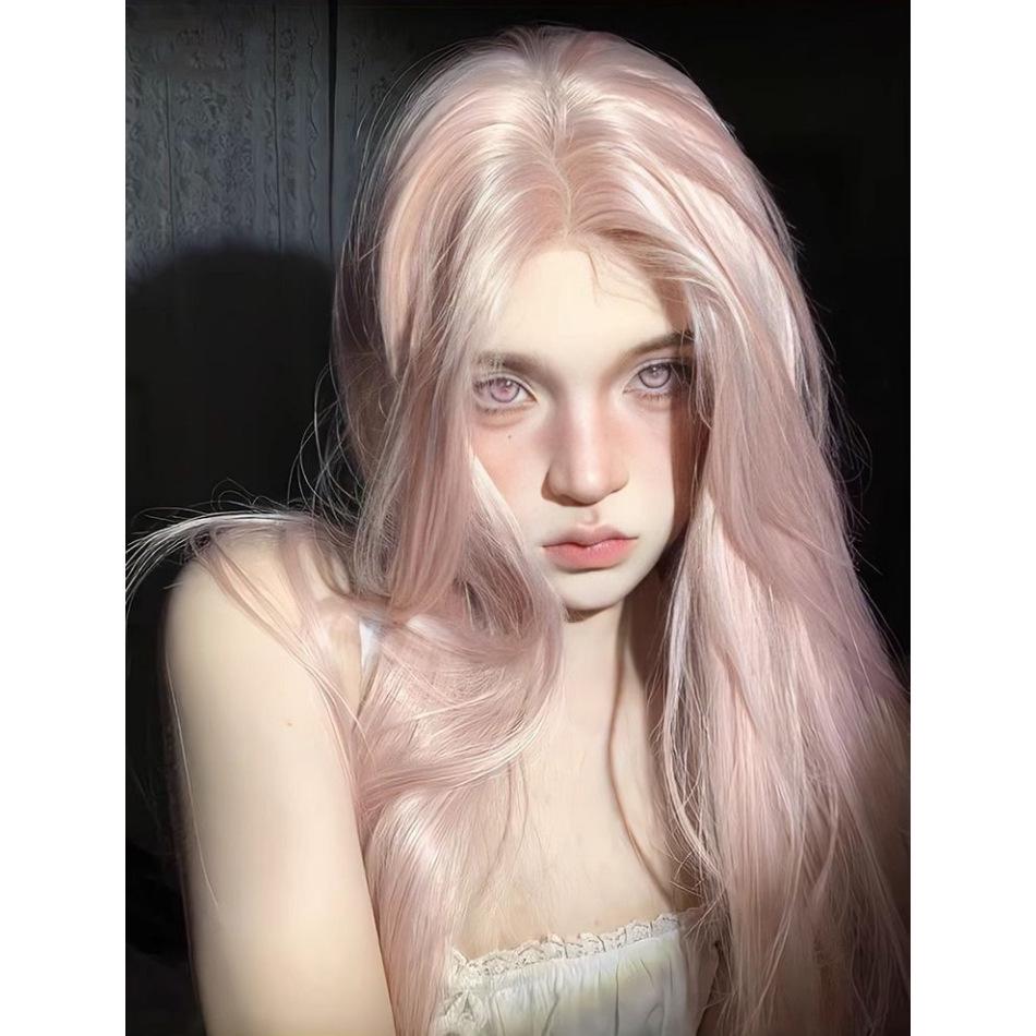 Długa Prosta Peruka z Koronką z Przodu dla Kobiet - Różowy Styl Lolita z Puszystym Pełnym Kryciem