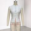 Women Tops Stand Collar Sleeveless Knot Button Short Tops Embroidery Lace Perspective Blouse Streetwear