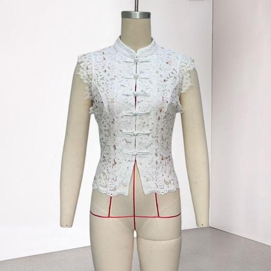 Women Tops Stand Collar Sleeveless Knot Button Short Tops Embroidery Lace Perspective Blouse Streetwear