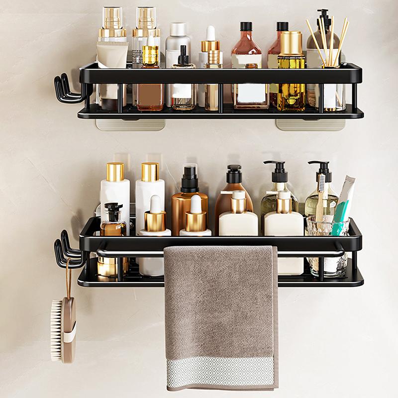 Aluminum Shower Caddy, Adhesive Shower Shelves, 2-Pack With Hooks And Rod For Towels, Wall Mount Rustproof Organizer