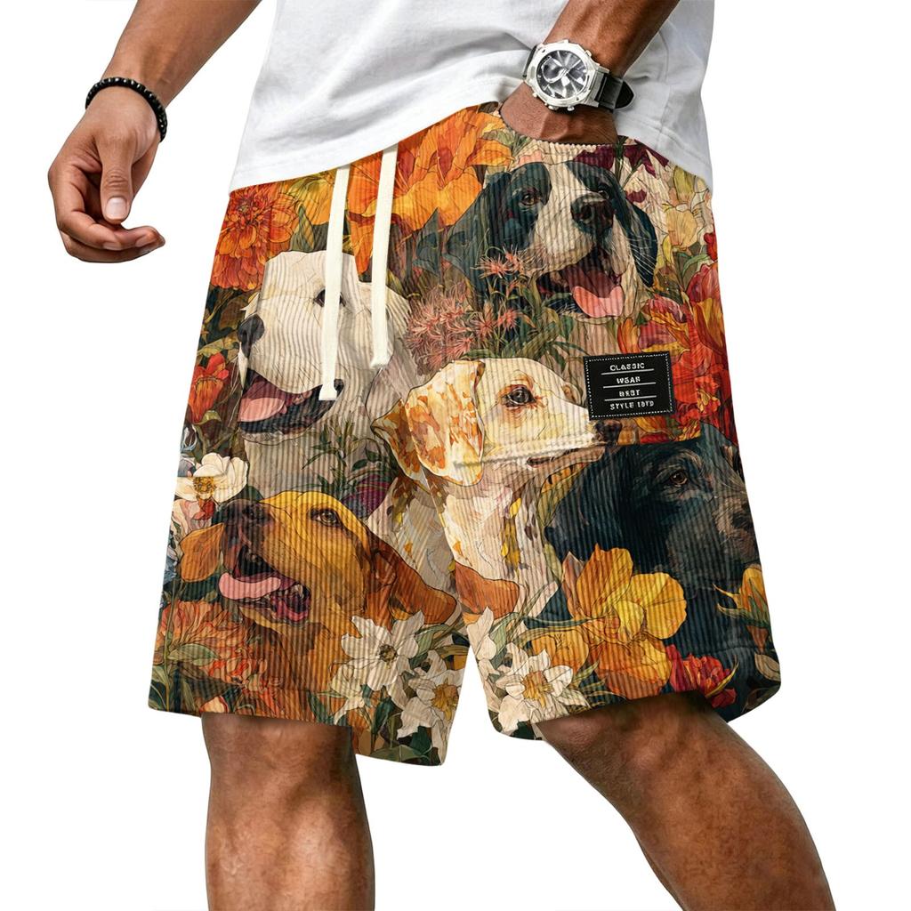 Men's Casual Corduroy Drawstring Shorts Hawaiian Style Floral Dog Print Lightweight Comfortable Fit Summer Beachwear