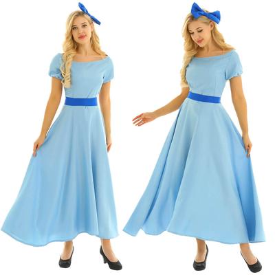 Ensemble Costume de Princesse pour Femmes Col Bateau Manches Courtes Bouffantes Robe Maxi Fantaisie Accessoire de Tête Ceinture Vêtement de Fête