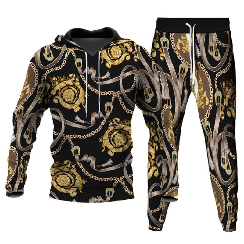 Men's 2 Piece Sets Oversized Hoodies Long Pants Fashion Tracksuit Streetwear 3D Leopard Gold Chain Printed Unisex Clothing S-6XL