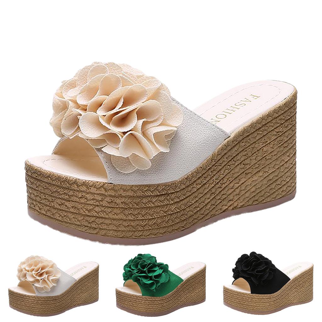 Women''S High Heeled Thick Bottom Fashion Casual Large Flower Flip Flops Slippers For Women Fuzzy Extra Wide Slippers For Women