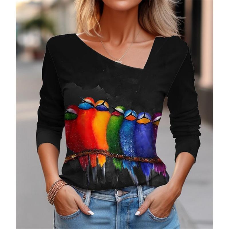 Seksowny diagonalny kołnierzyk z uniwersalnym cyfrowym nadrukiem 3D T-shirt damski na co dzień wiosna jesień długi rękaw koszulka rekreacyjna odzież