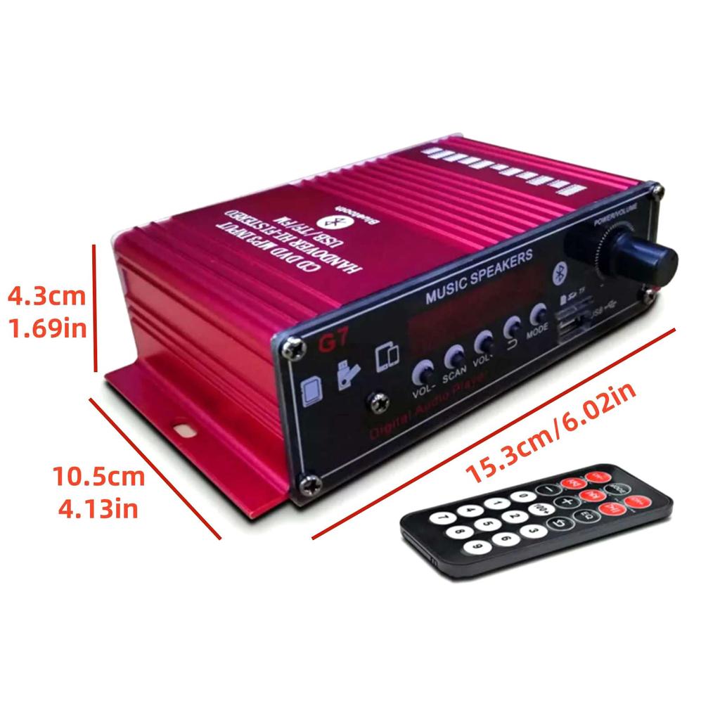 DC 12V Power Amplifier with Dual Mic Stereo FM and Low Latency Digital Audio Player BT5.0 Hi-Fi Input, 2-Channel Sound, Built-in Radio,