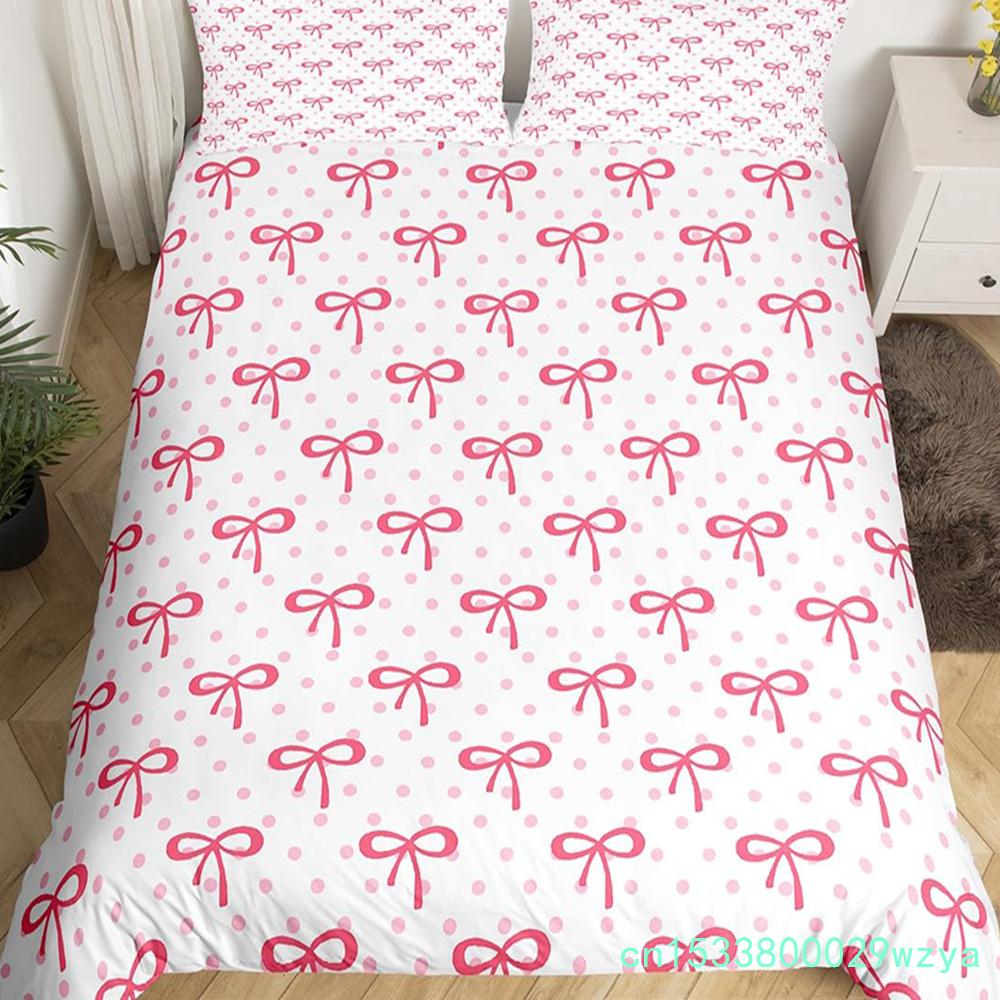 Bowknot Girlish Duvet Cover Cherry Cake Cartoon Bedding Set Cute Dots Love Heart Bow-tie Comforter Cover,Pink Kawaii Quilt Cover