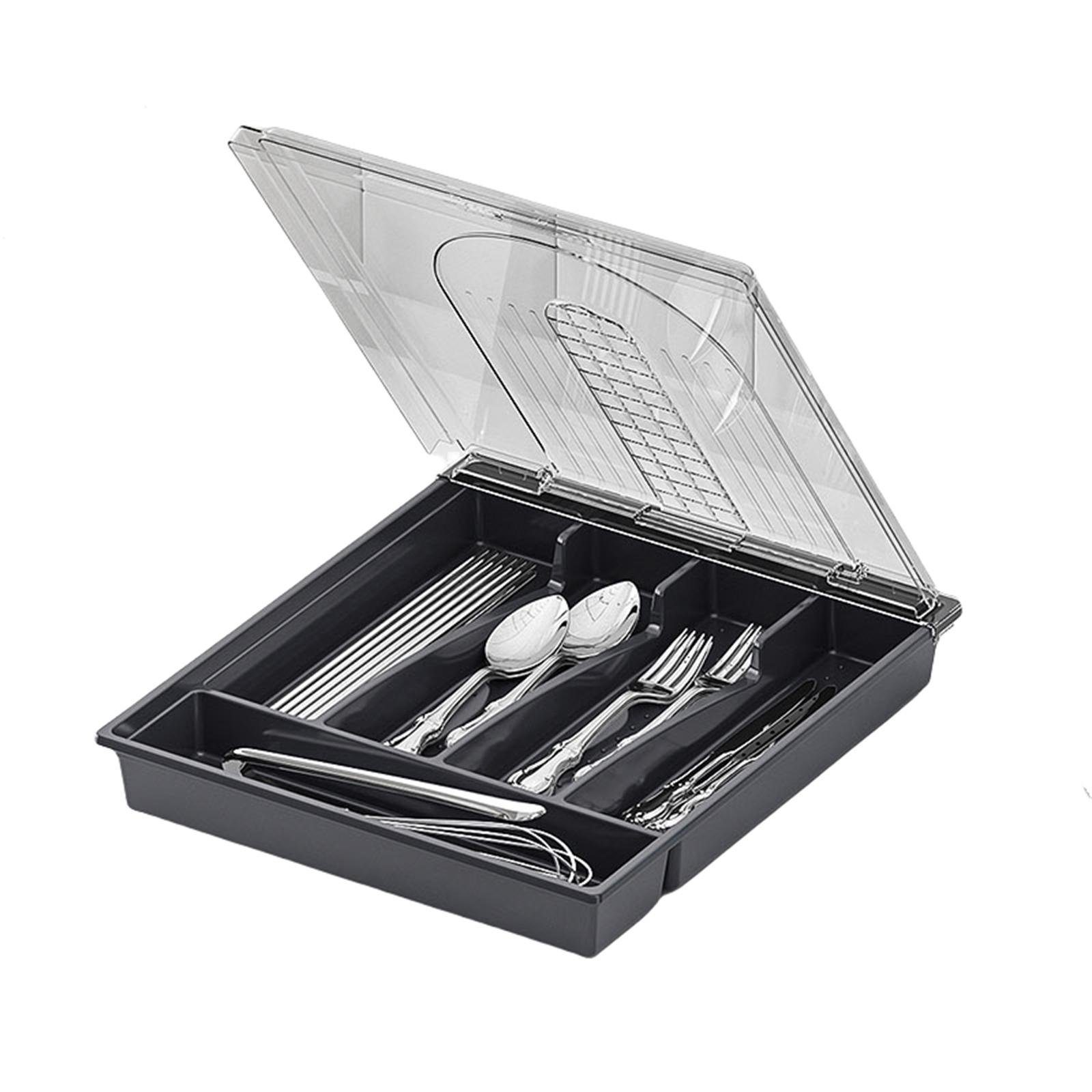Utensil Holder For Countertop With Lid, Utensil Drawer Organizer For Kitchen Countertop With 5 Compartments, Flatware And Cutlery Covered Storage Box gray bottom + clear cover35x29x6.2