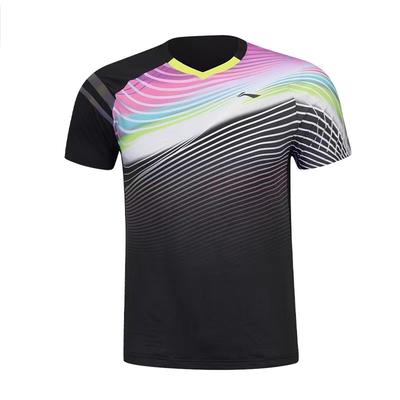 Li Ning Logo Color Block Printed Comfortable Short Sleeve Badminton Shirt Men Tops Black AAYS055-4