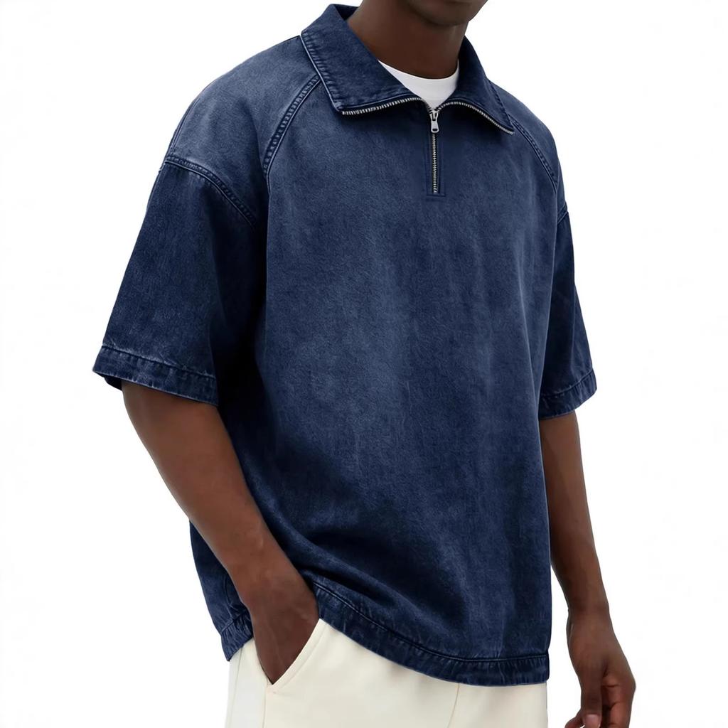 Men's Casual American- Denim-like Fabric Short-sleeved Shirt - Men's Retro Trendy Fitted Collar Zipper Jacket