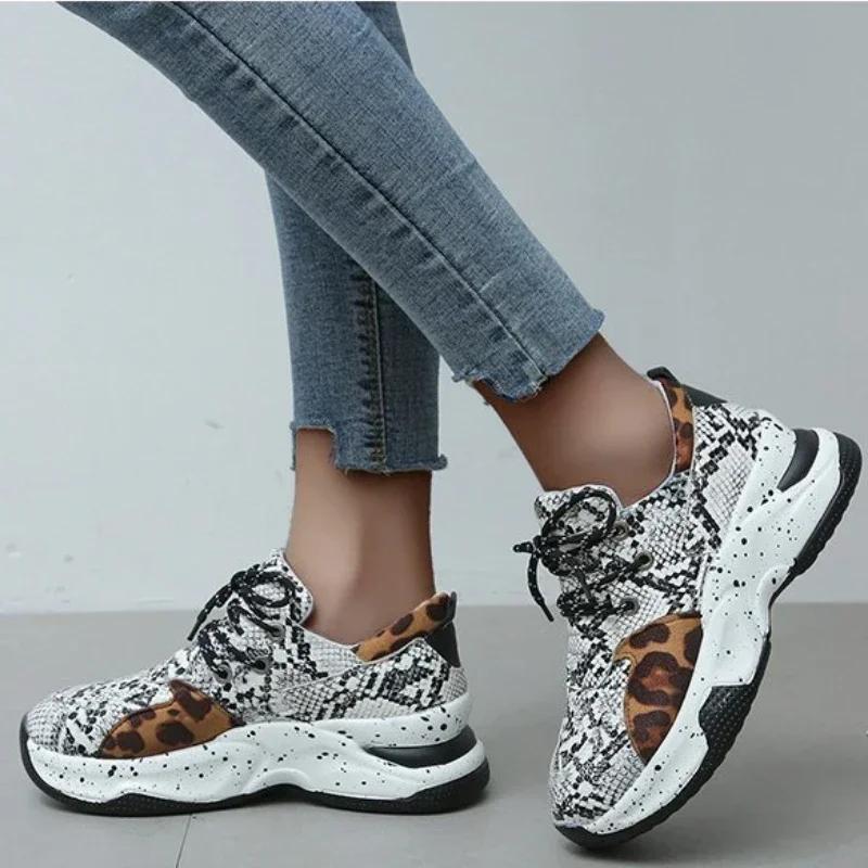 fashion Platform Sneakers Women  Autumn Winter Round Toe Low-top Leopard Wedge Shoes Women Size 43 Lace Up Soft Casual Sports Shoes