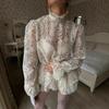 Lace Hollow Turtleneck Lantern Sleeves Solid Color Design Two-piece Cake Skirt Women