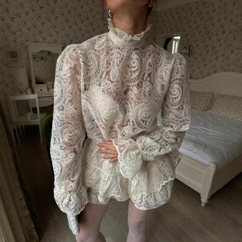 Lace Hollow Turtleneck Lantern Sleeves Solid Color Design Two-piece Cake Skirt Women