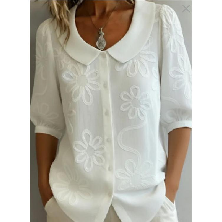 

2026 Spring/Summer New Loose Casual Vintage Women s Button Embroidered Floral Mid-Sleeve Shirt XL білий