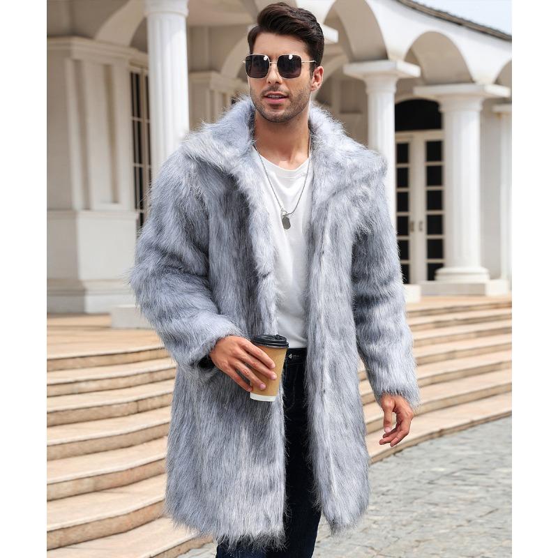 Herren Mittellanger Kunstfuchsfellmantel Revers Offene Vorderseite Warme Winteroberbekleidung